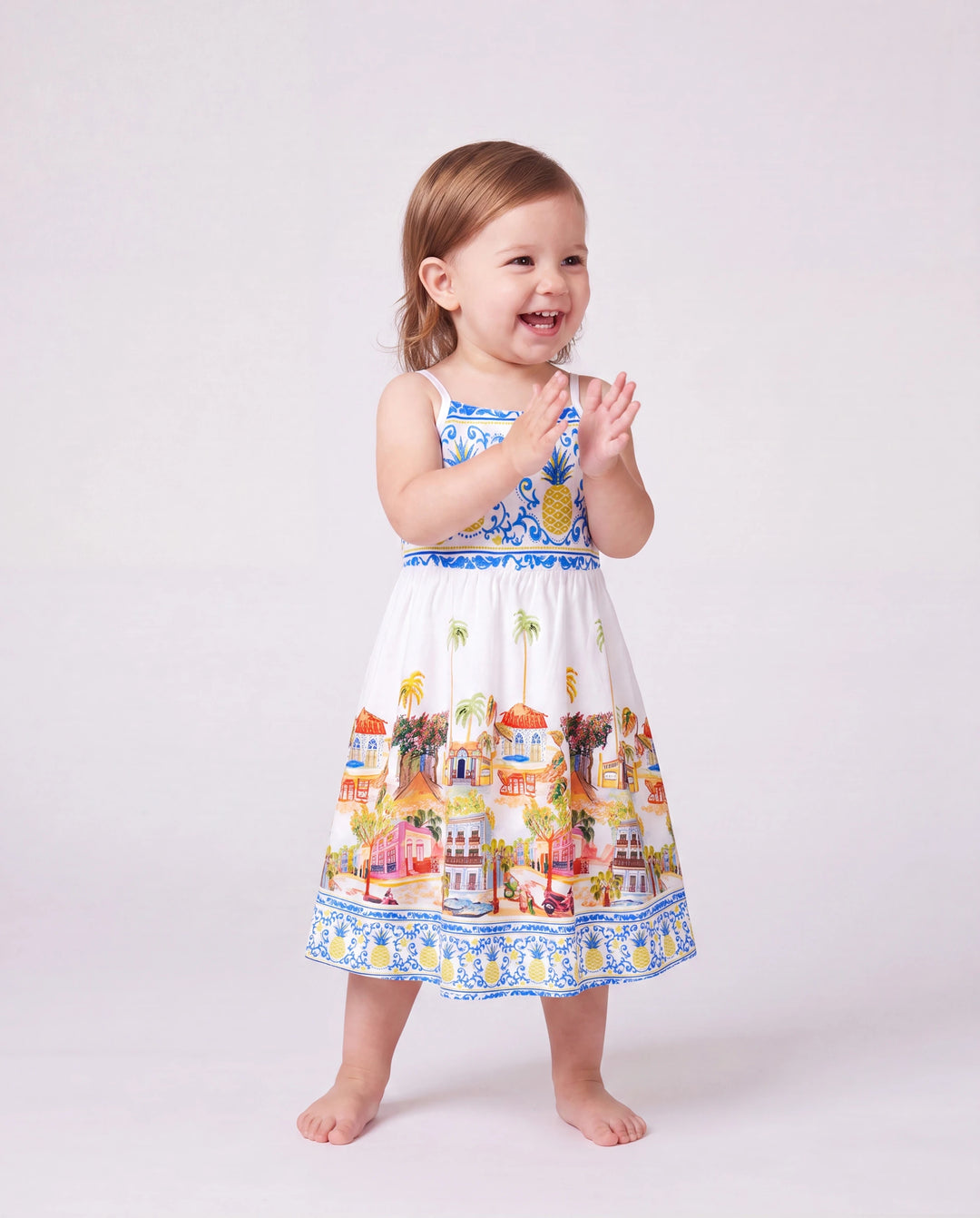 Mommy & me Vacation Set Tropical Pineapple Coconut Tree Print Short-sleeve T-shirt or Hollow out Strap Dress for Summer Vacation White