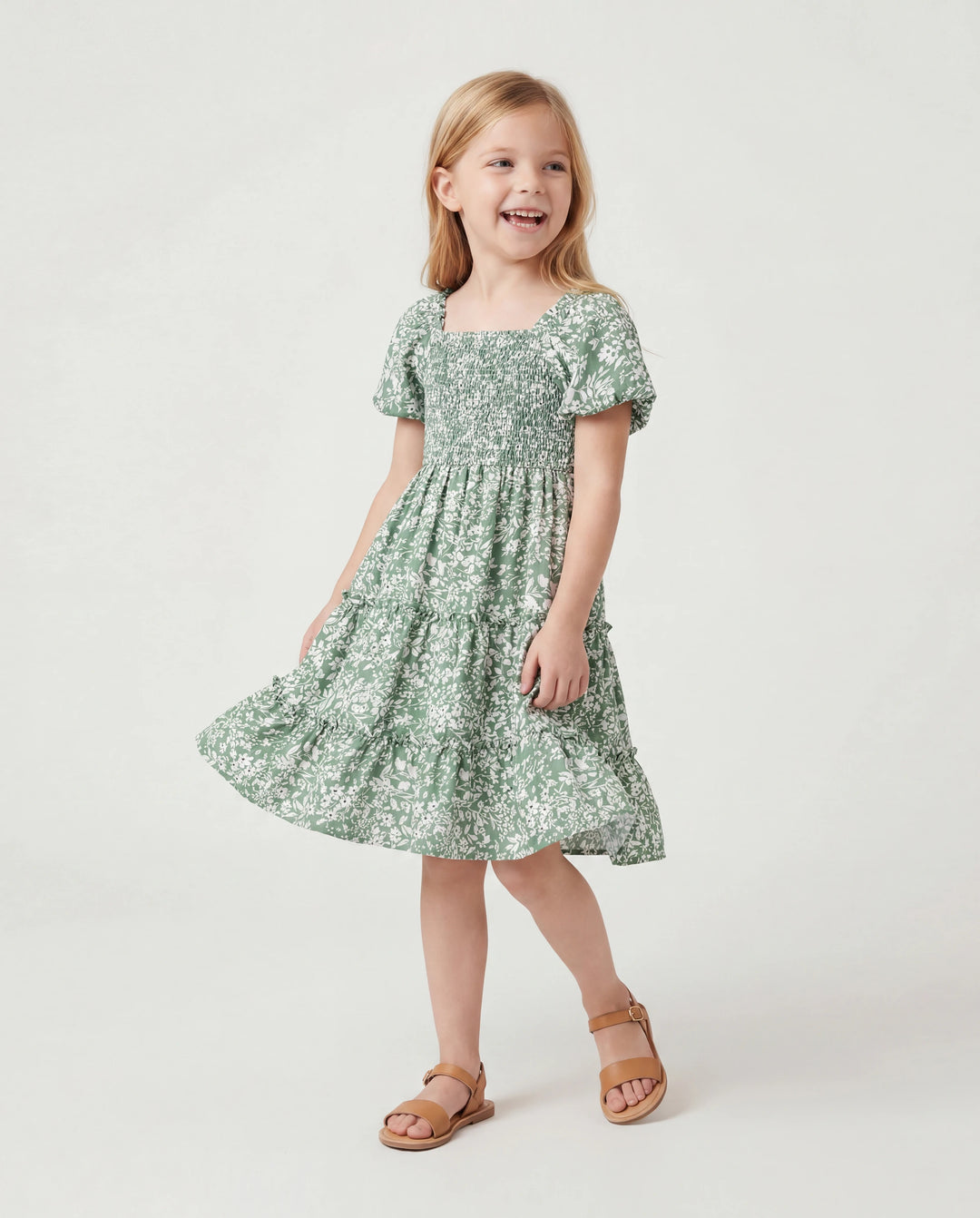 Elegant Broken Flower Matching Outfits for Family, Smocking Design, Medium Thickness Green