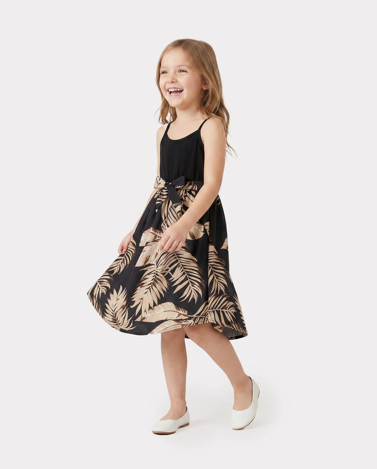 Family Matching Floral Print Belted Cami Dresses And Solid Short Sleeve Tops Sets Black
