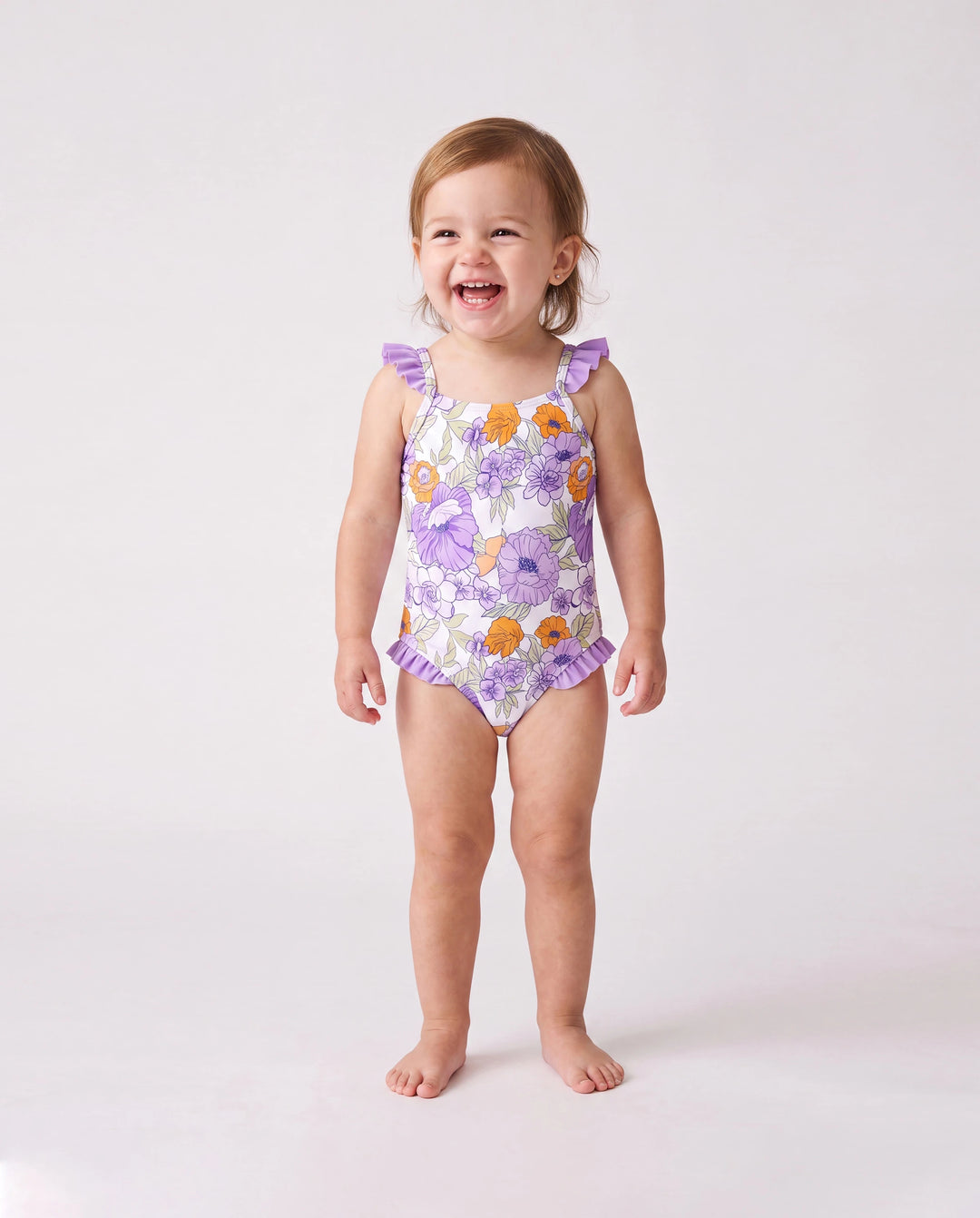Trajes de Baño a Juego para Familia Estampado Floral Traje de Baño de Una Pieza con Volantes y Bañador Corto Morado