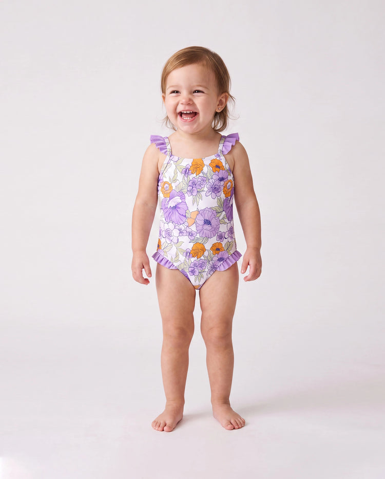 Trajes de Baño a Juego para Familia Estampado Floral Traje de Baño de Una Pieza con Volantes y Bañador Corto Morado