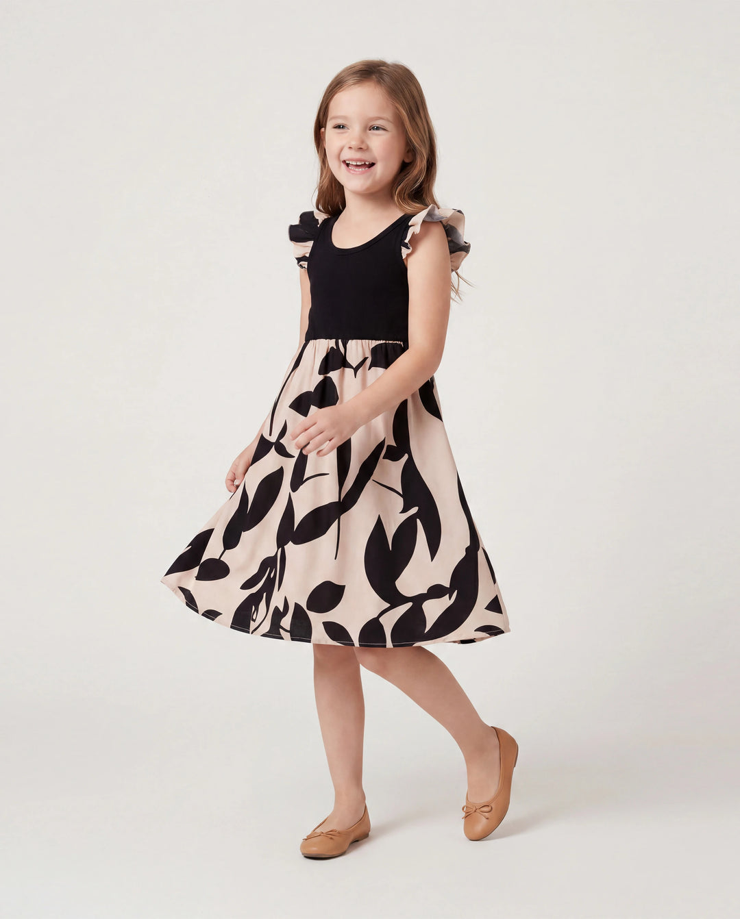 Family Matching Cross Back Floral Strap Dress and Colorblock Top Sets Black