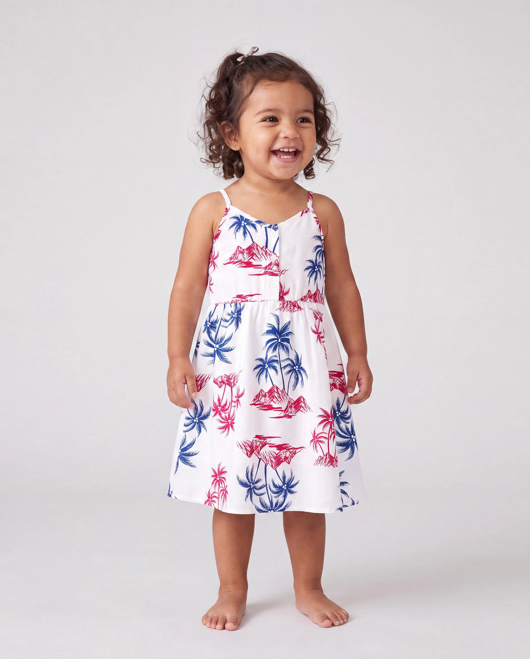 Independence Day Matching Family Outfits Red & Blue Palm Tree Print Hawaiian Vacation Clothes Summer Beach Shirt & Dress Set Multi-color