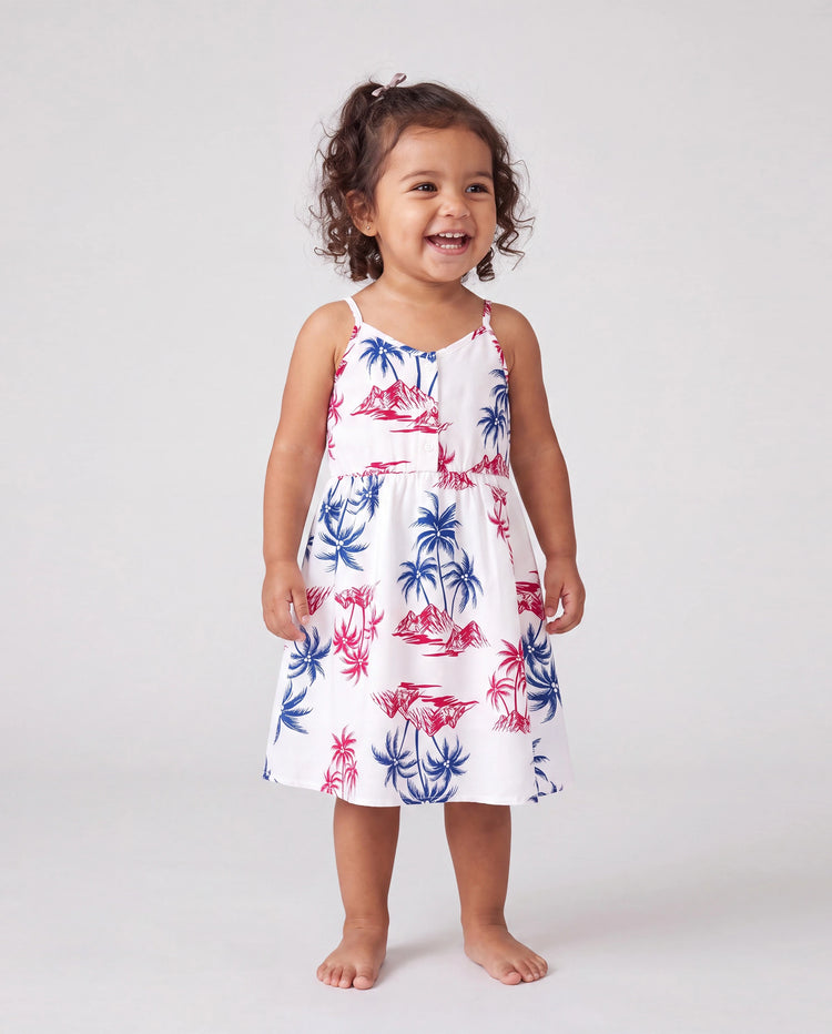 Independence Day Matching Family Outfits Red & Blue Palm Tree Print Hawaiian Vacation Clothes Summer Beach Shirt & Dress Set Multi-color
