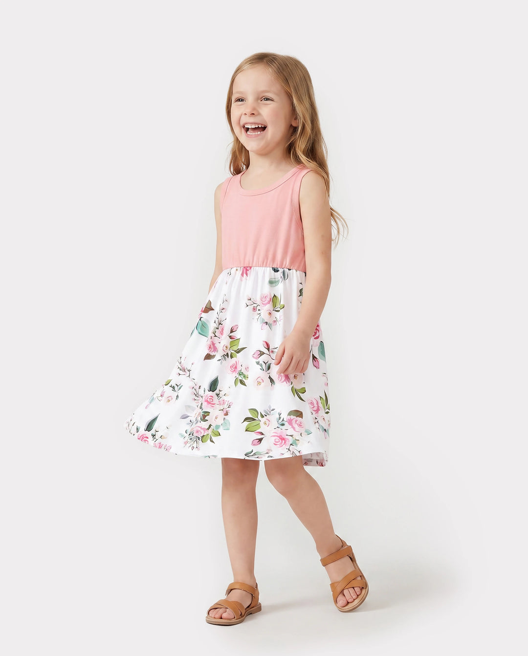 Conjuntos familiares de vestidos midi con estampado floral sin mangas en rosa y polos de manga corta con bloques de color en rosa