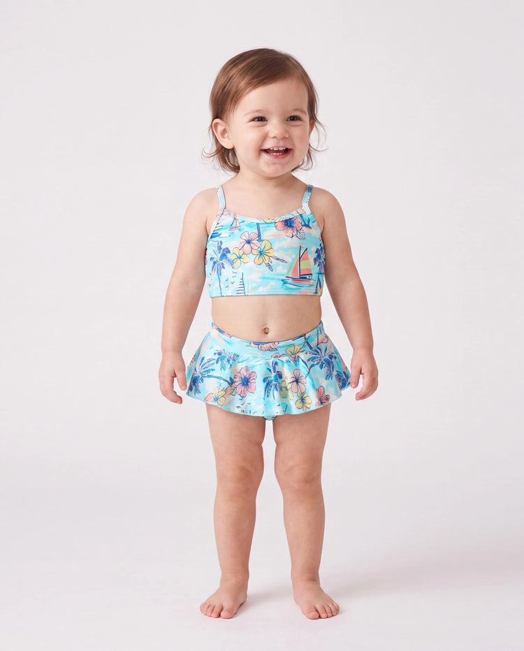 Maillots de bain assortis pour toute la famille à imprimé tropical, maillot une pièce à nouer devant pour maman, maillot deux pièces pour fille, ensemble short de bain pour papa & fils pour vacances d'été à la plage Bleu clair