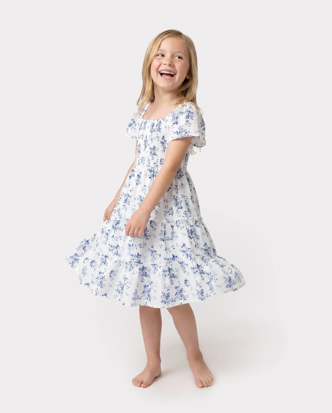 Family Matching Outfit: Floral Smocking Casual Suit BLUEWHITE