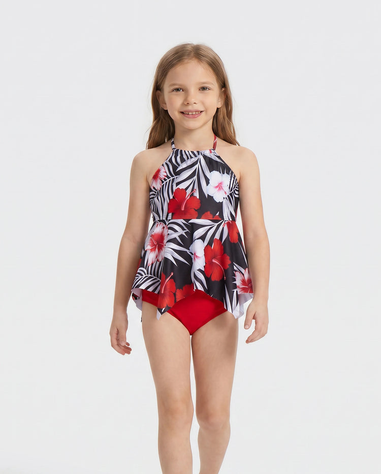 Daddy & Daughter Tropical Floral Swim Trunk or  2 Pieces Halter Swimsuit Black