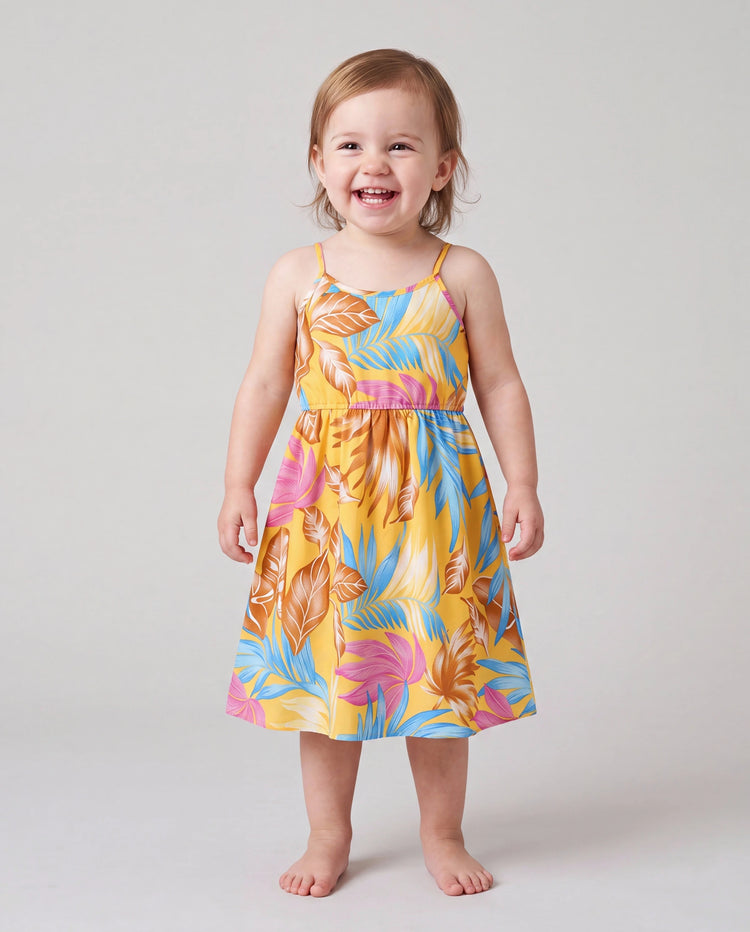 Mommy and Me Family Matching Yellow Set Tropical Leaf Print Short-sleeve Shirt or Strap Dress  Yellow