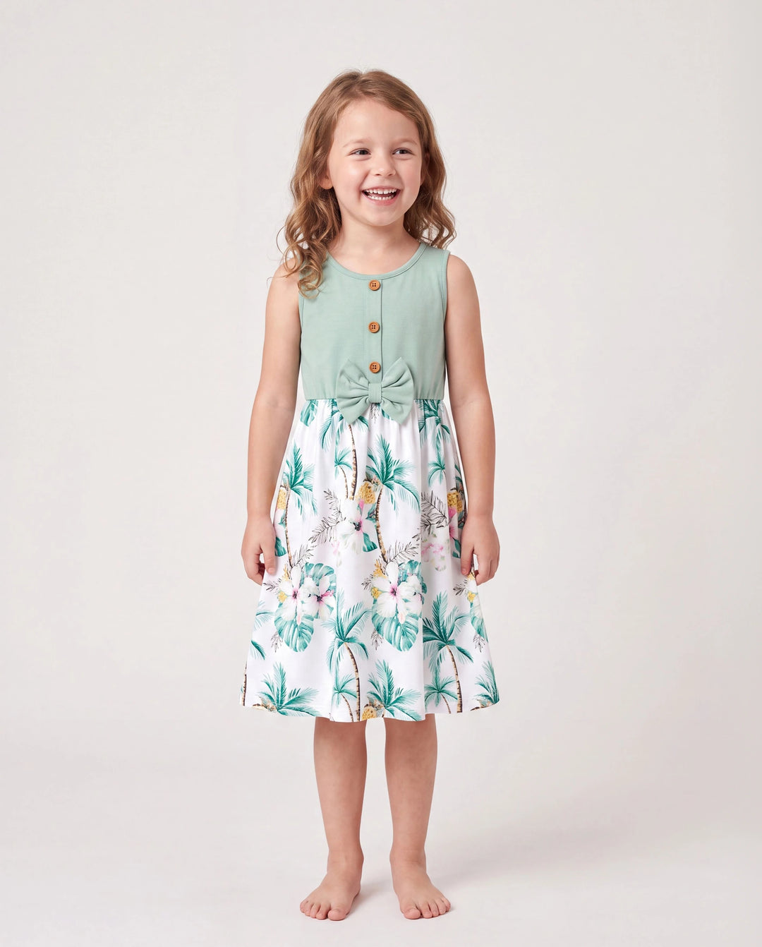 Daddy & Me Tropical Print Outfits,Daughter Tank Dress & Dad Cotton T-Shirt Set Green