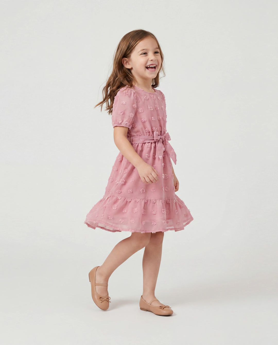 Family Matching Pink Set Solid Colorblock Polo collar Short-sleeve Shirt or Ruffle-sleeve Belted Dress Pink