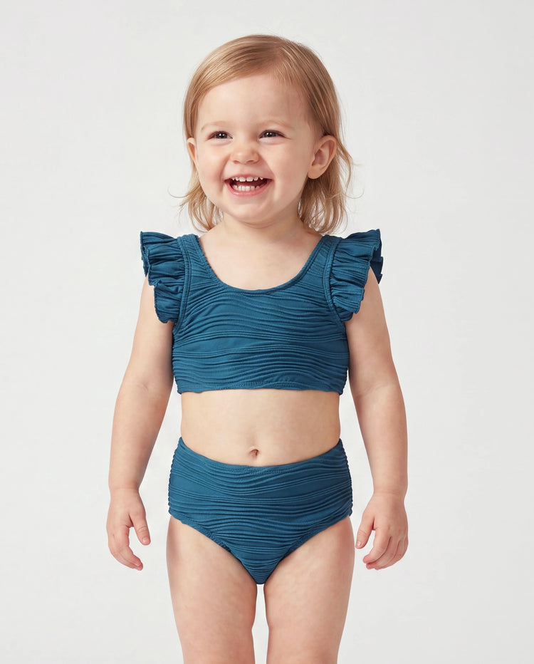 Maillots de bain rayés bleu sarcelle Papa & Fille Ensemble bikini froncé & short de bain Multicolore