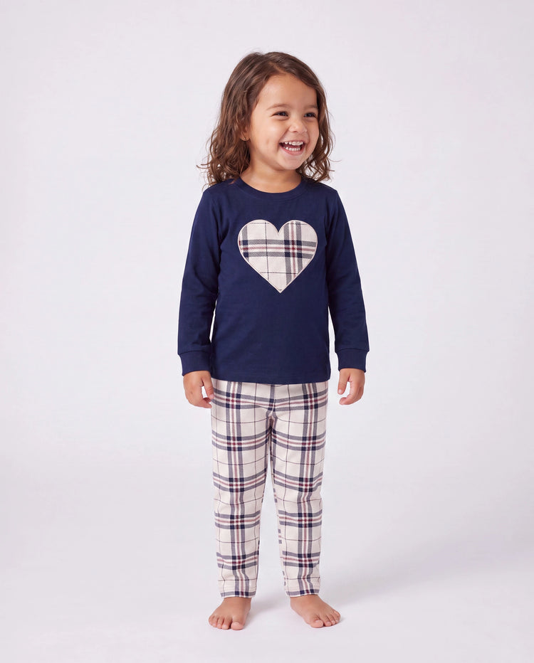 Family Matching School Grid Letter Print Patch Long Sleeve Pajamas Sets Blue