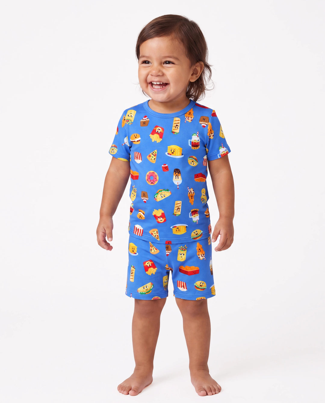 Pijamas de Bambú a Juego para la Familia Pijamas Suaves de Bambú para Hombres, Mujeres, Niños y Bebés, Pijama de Manga Corta con Estampado de Hamburguesa y Papas Fritas (Ajustado para Niños) Azul Real
