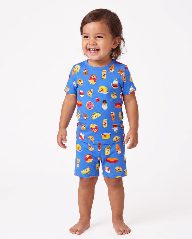 Pijamas de Bambú a Juego para la Familia Pijamas Suaves de Bambú para Hombres, Mujeres, Niños y Bebés, Pijama de Manga Corta con Estampado de Hamburguesa y Papas Fritas (Ajustado para Niños) Azul Real