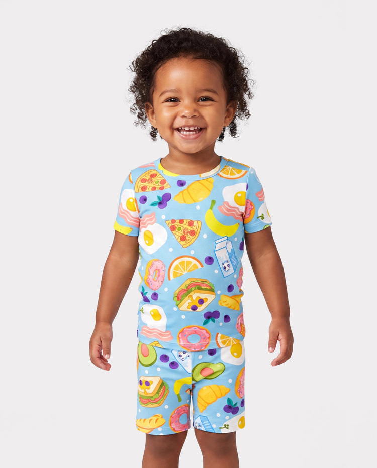 Pyjamas assortis en bambou pour toute la famille Pyjamas doux en viscose de bambou pour hommes, femmes, enfants et tout-petits, pyjama à manches courtes imprimé aliments et fruits amusants Bleu
