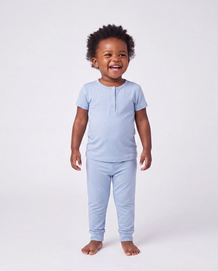Family Matching Bamboo Pajamas Soft Bamboo Viscose PJs for Men Women Kids Toddler Baby, Classic Blue Short-sleeve Sleepwear with Button-Down Shirt and Pants Blue grey