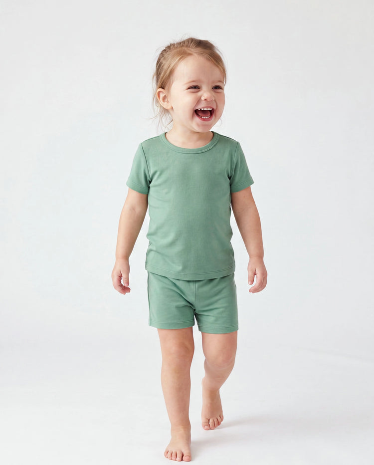 Mommy & me Bamboo Pajamas Buttery Soft Bamboo Viscose PJs for Men Women Kids Toddler Baby, Solid Color Short Sleeve Shirt & Shorts Sleepwear Green