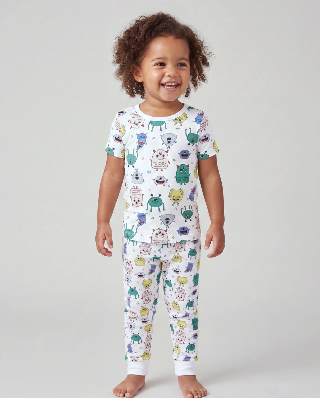 Daddy & Sohn Bambus Familien-Pyjamas Süßer kleiner Monsterdruck Kurzarm Passendes Pyjama-Set (Eng anliegend für Kinder) Weiß
