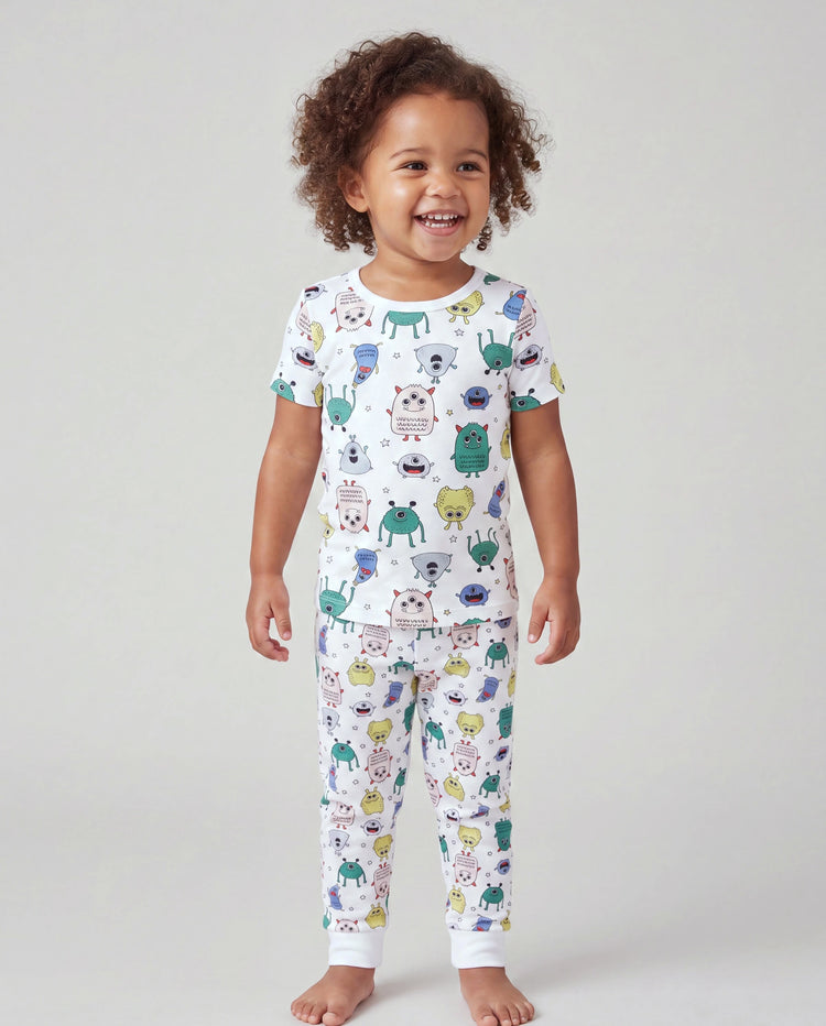 Daddy & Sohn Bambus Familien-Pyjamas Süßer kleiner Monsterdruck Kurzarm Passendes Pyjama-Set (Eng anliegend für Kinder) Weiß