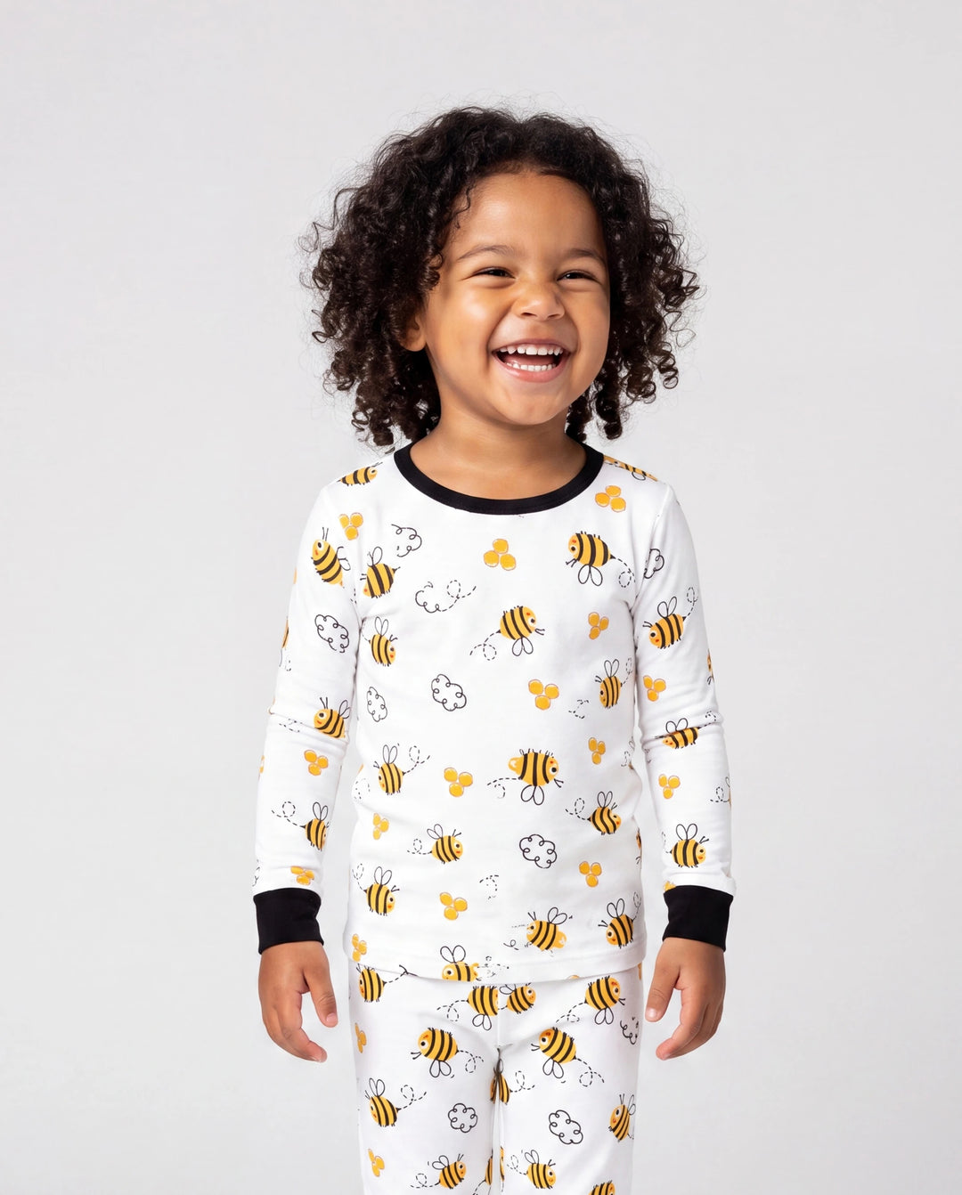 Pijamas de bambú para papá e hijo Pijamas suaves de viscosa de bambú para hombres, mujeres, niños, pijama con estampado de abeja linda con top de manga corta y pantalones largos blanco