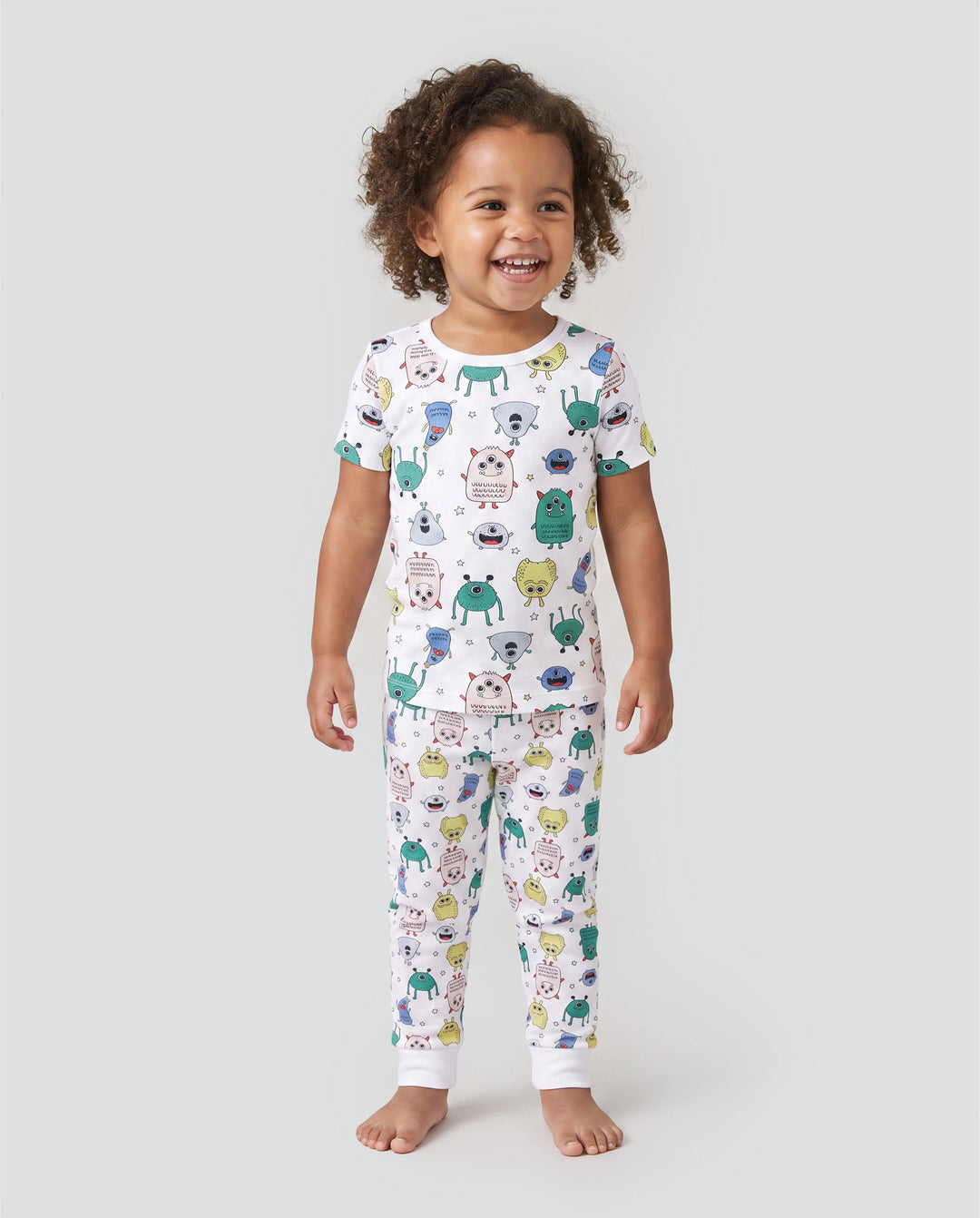 Bamboo Family Pajamas Cute Little Monster Print Short-sleeve Matching Pajama Set ( Snug-Fitting for Children ) White