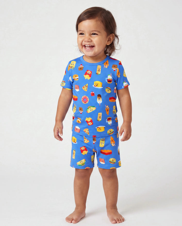 Pyjamas en bambou Maman & moi Pyjamas en bambou ultra doux pour hommes, femmes, enfants et tout-petits, motif mignon burger & frites, pyjama à manches courtes (ajusté pour enfants) Bleu royal