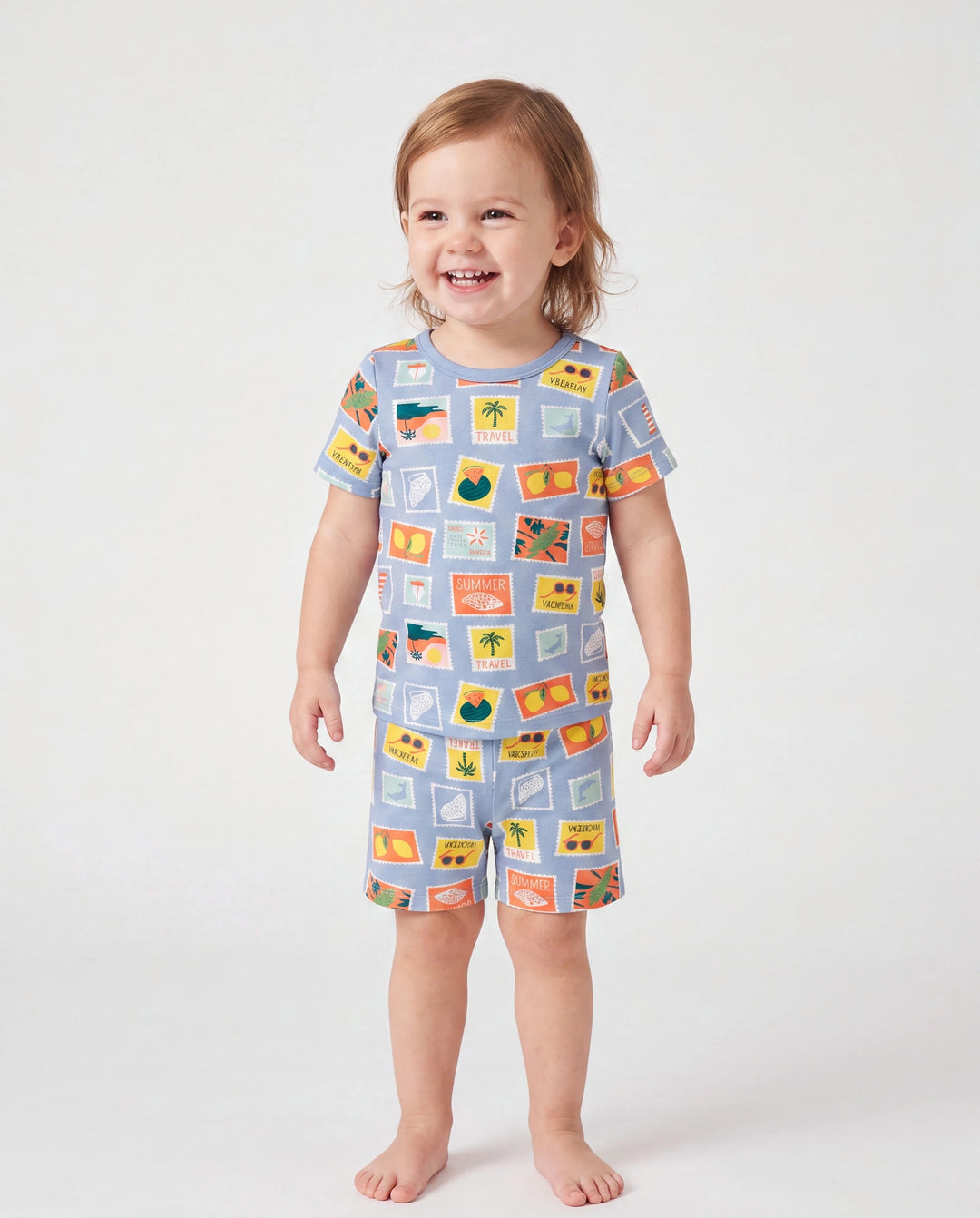 Pijamas familiares de bambú para mamá y niña con estampado de tema vacacional, pijama de manga corta a juego (ajustado para niños) Bloque de color