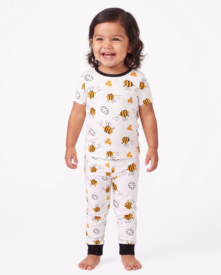 Family Matching Bamboo Pajamas Soft Bamboo Viscose PJs for Men Women Kids Toddler, Cute Bee Print Sleepwear with Short Sleeve Top and Long Pants White