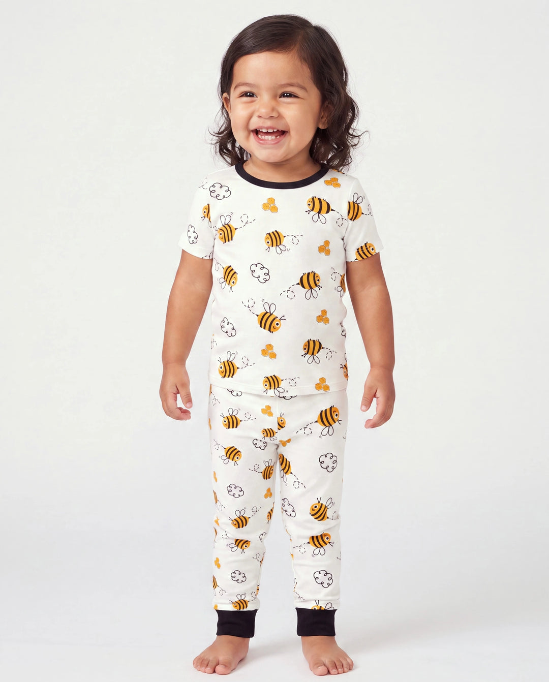Mommy & me Bamboo Pajamas Soft Bamboo Viscose PJs for Men Women Kids Toddler, Cute Bee Print Sleepwear with Short Sleeve Top and Long Pants White