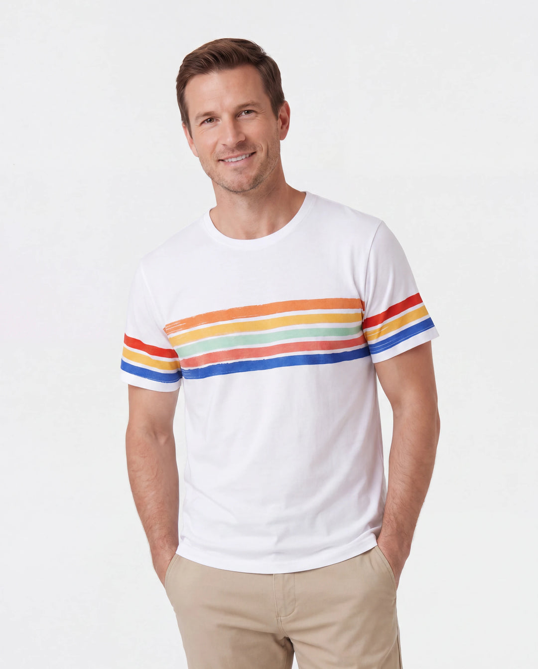 Familie passende bunt gestreifte V-Ausschnitt-Kleider mit Flatterärmeln und Kurzarm-T-Shirt-Sets ursprünglich weiß