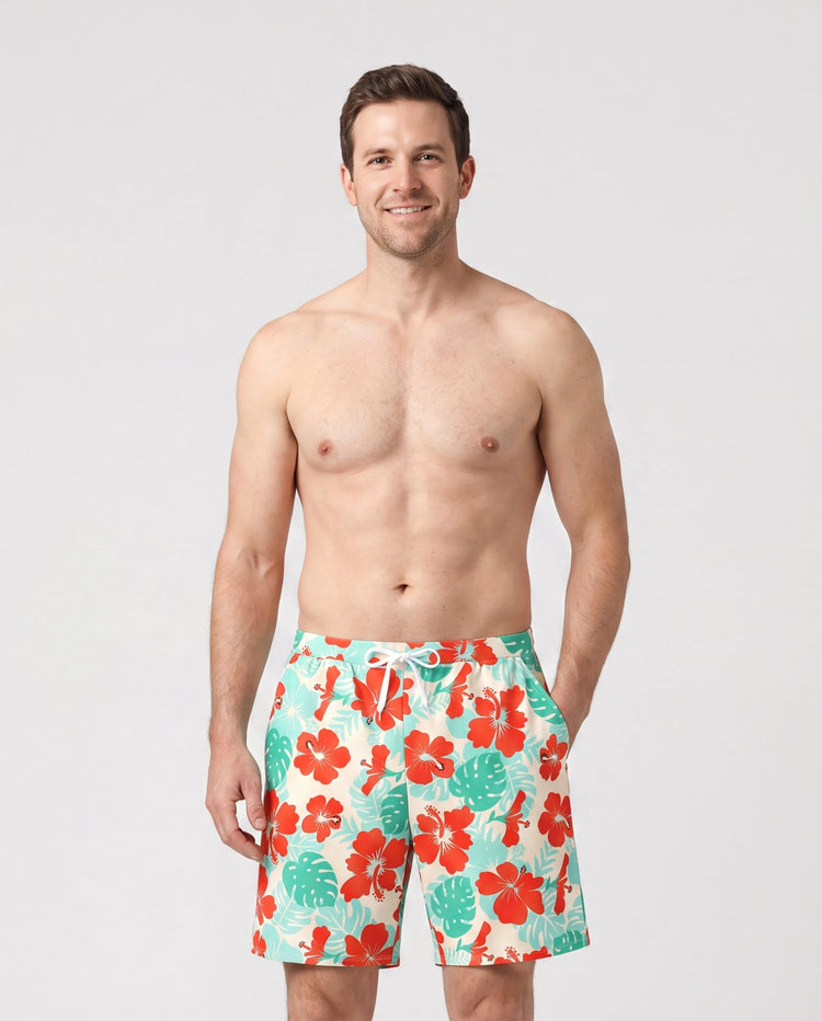 Daddy & Son Tropical Floral Print Swim Trunk or Ruffle Trim Bikini with Optional Beach Cover-Up Dress Orange