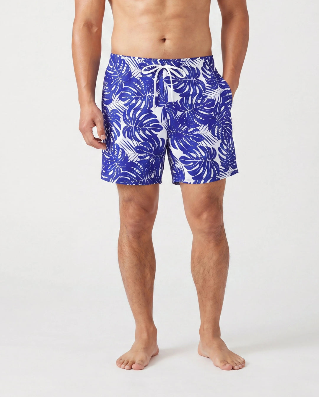 Daddy & Sohn Tropischer Blattdruck Badeshorts Blau