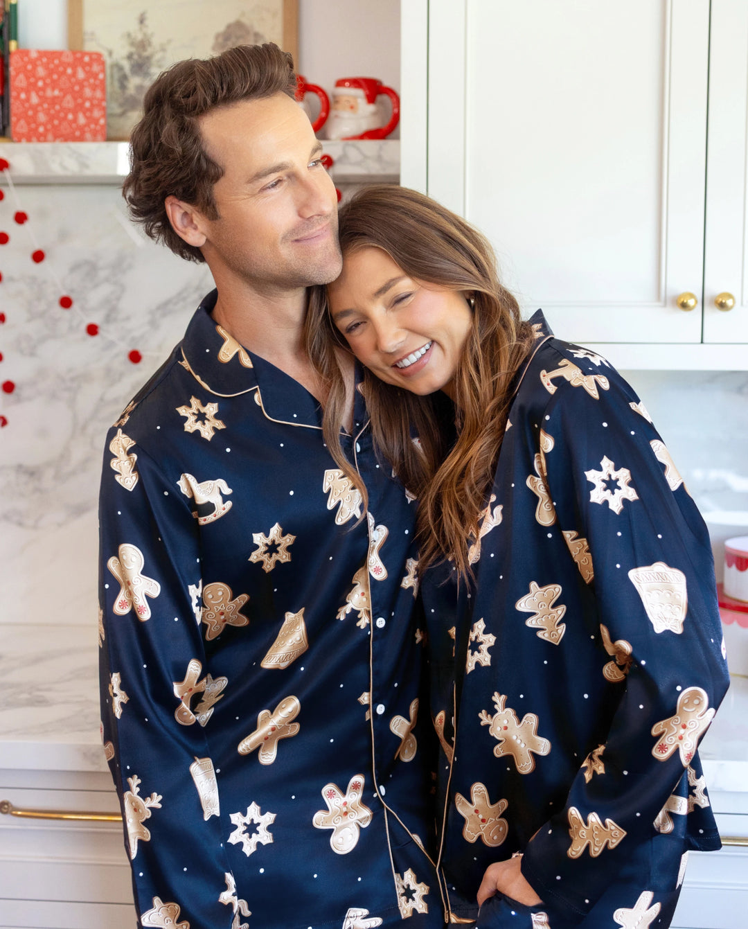 Christmas Matching Family Satin Pajamas Gingerbread Print Navy