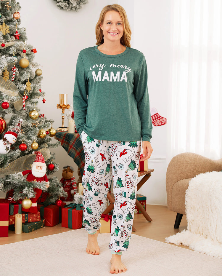 Pijama familiar navideño de manga larga con estampado de camisetas verdes alegres y pantalones con calcetines navideños (mediano, verde primavera)