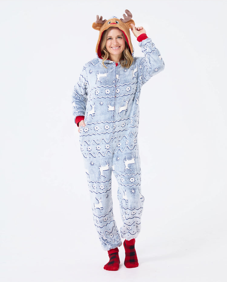 Christmas Onesies Matching Family Pajamas Set Reindeer Print Glow In The Dark PJS with Christmas Socks White/Gray