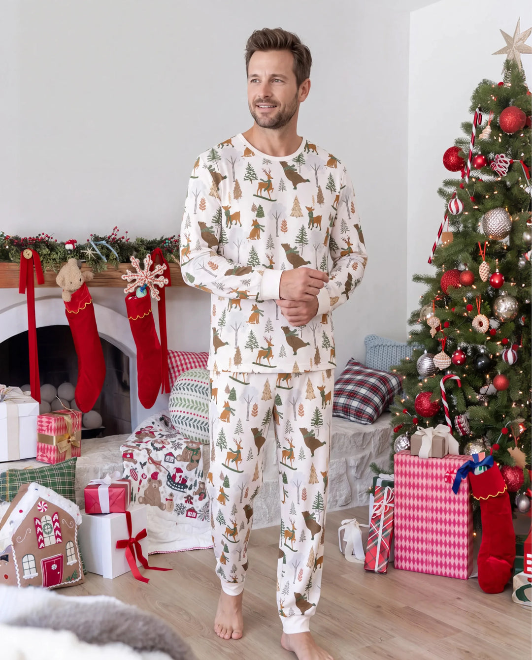 Christmas Matching Family Pajamas Woodland Print Beige