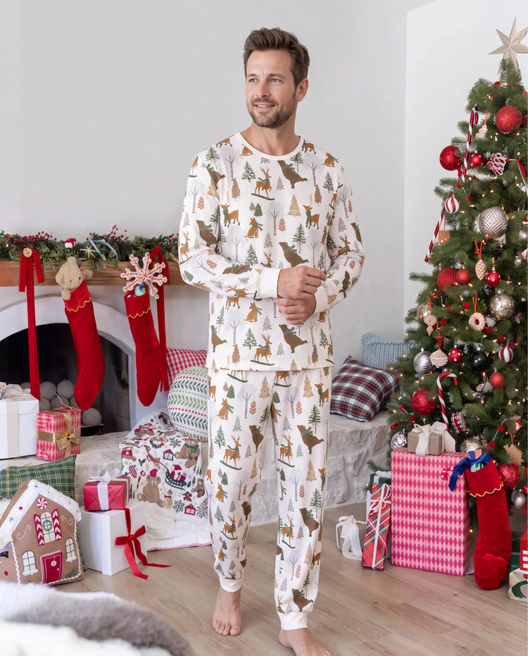 Christmas Matching Family Pajamas Woodland Print Beige