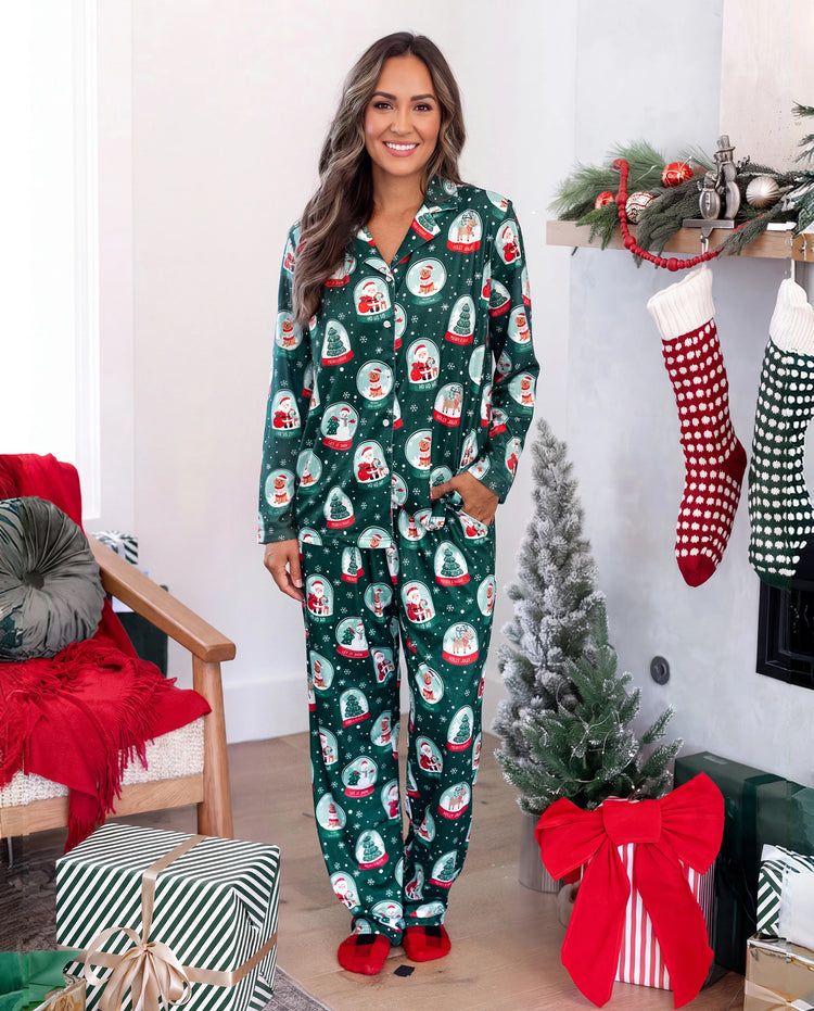 Christmas Matching Family Pajamas Snow Globe Print Dark Green