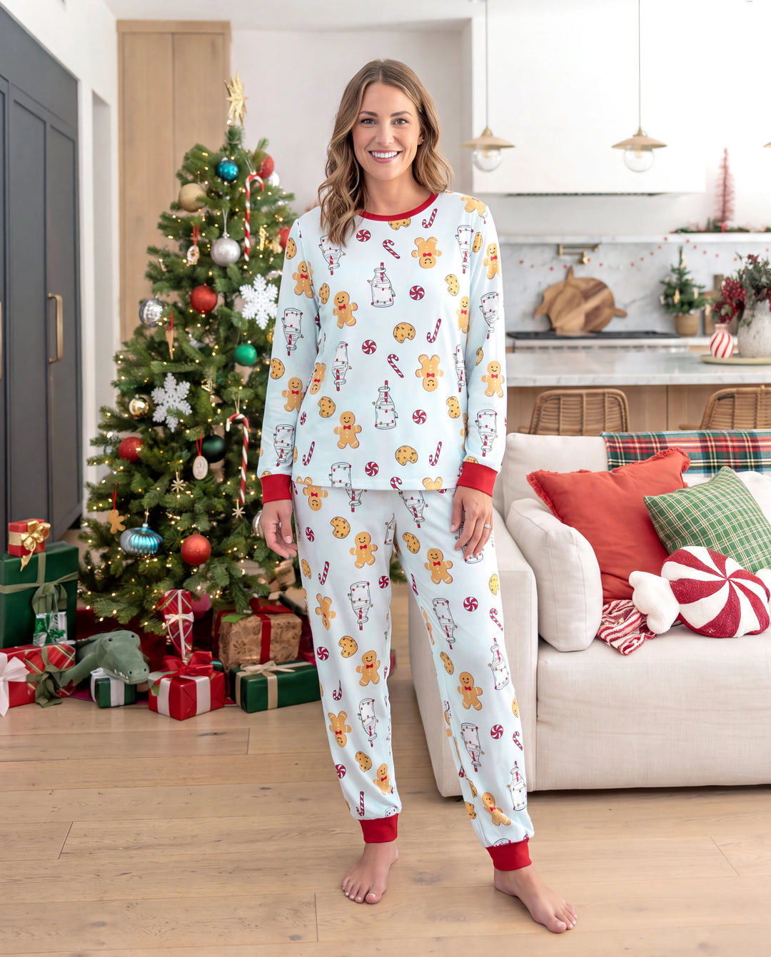Christmas Matching Family Pajamas Gingerbread & Milk Print Blue