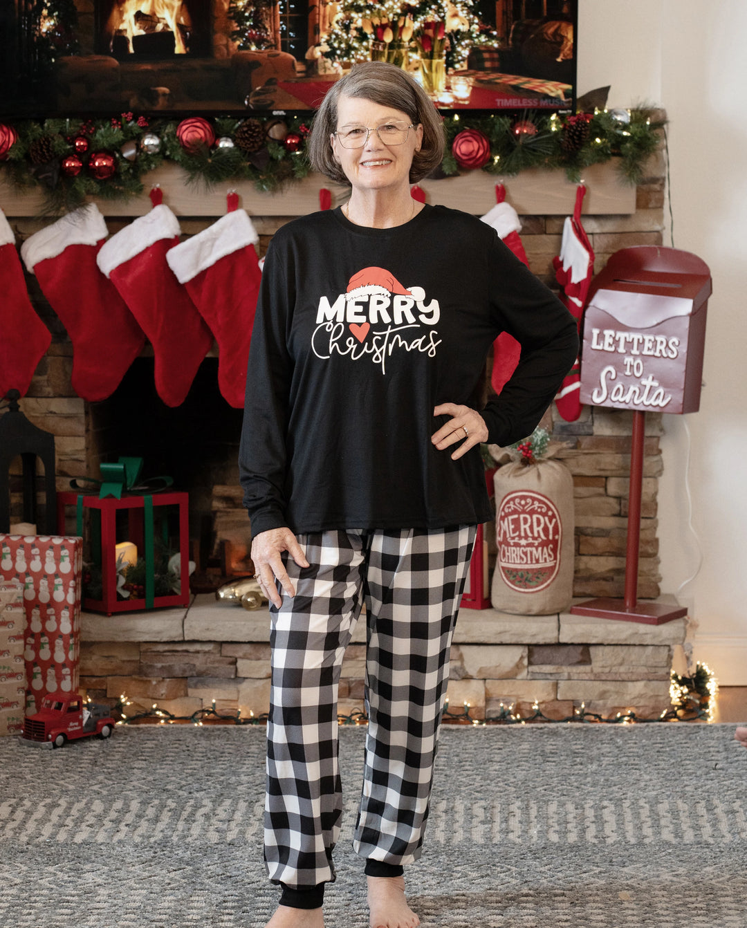 Christmas Family Matching Glow In The Dark Letters Print Long-sleeve Pajamas Sets with Christmas Socks Black+White