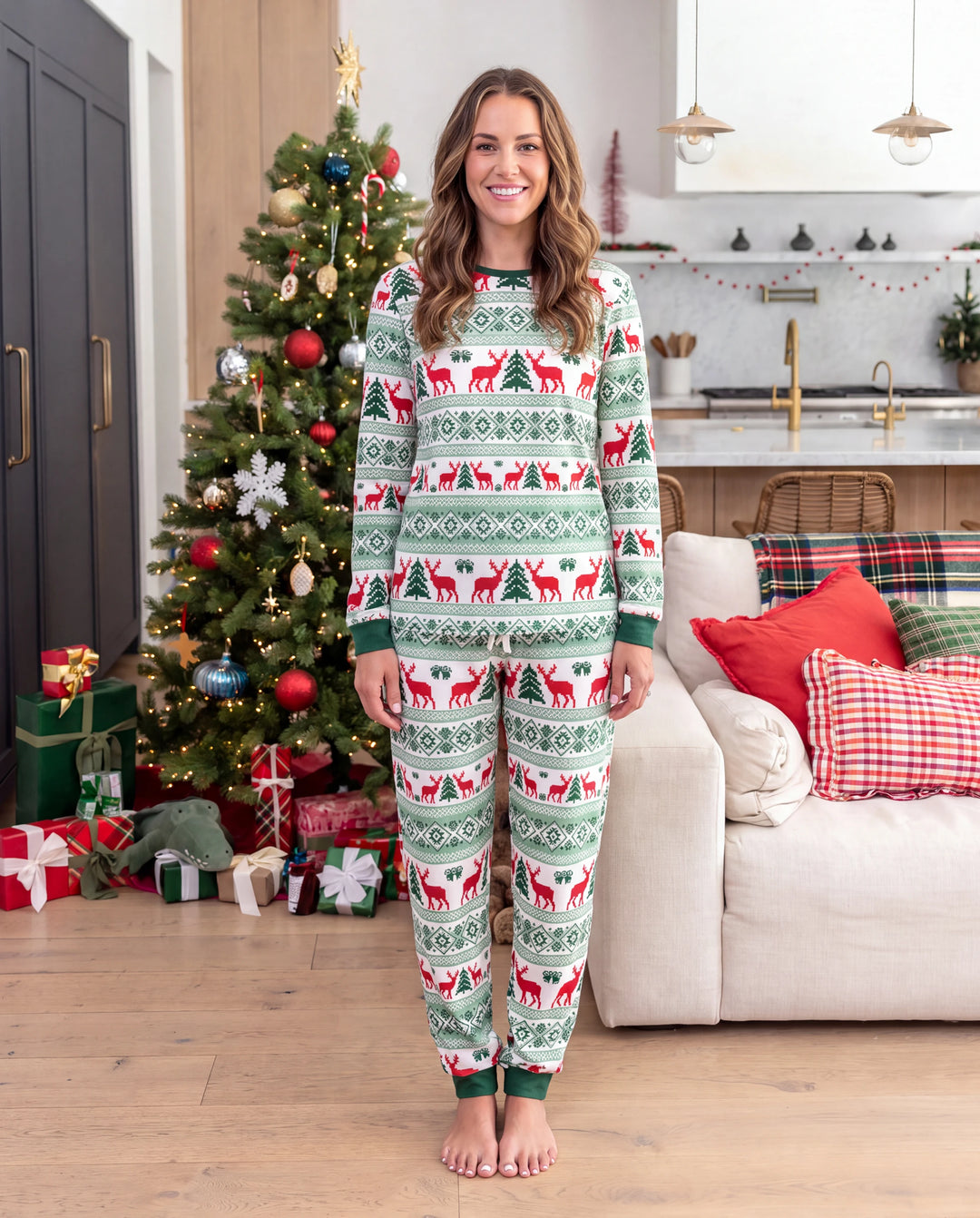 Christmas Matching Family Pajamas Fair Isle & Reindeer Print Green