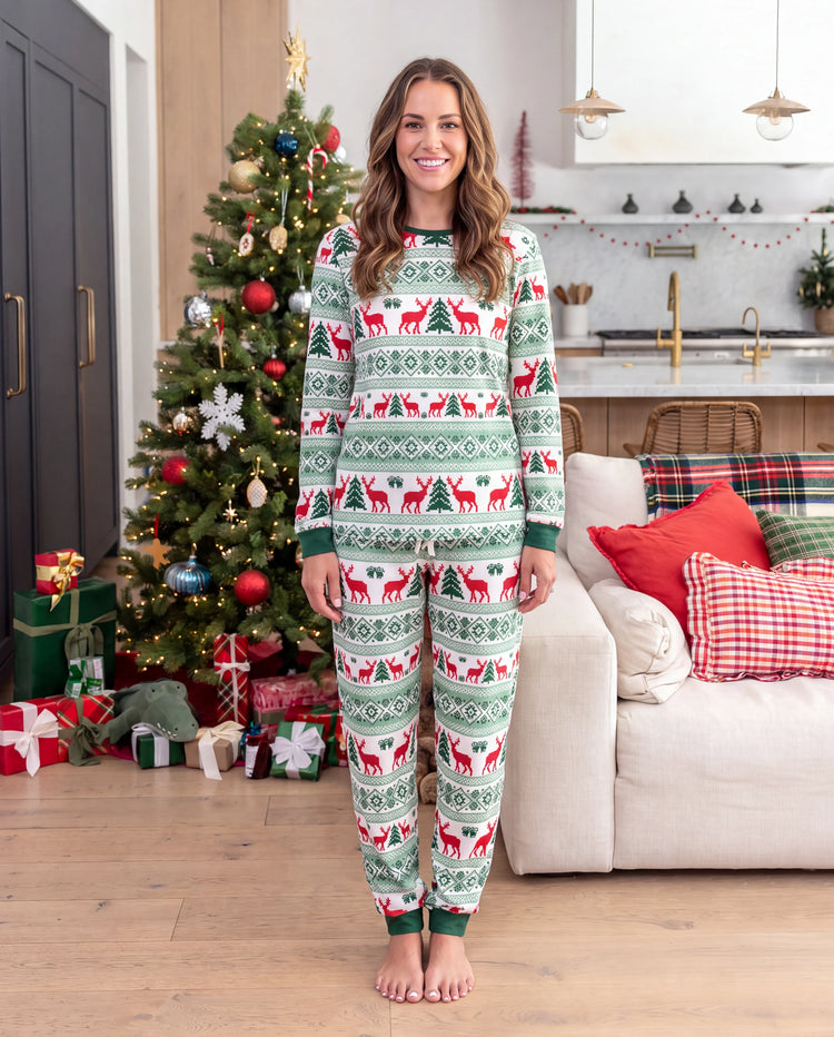Christmas Matching Family Pajamas Fair Isle & Reindeer Print Green