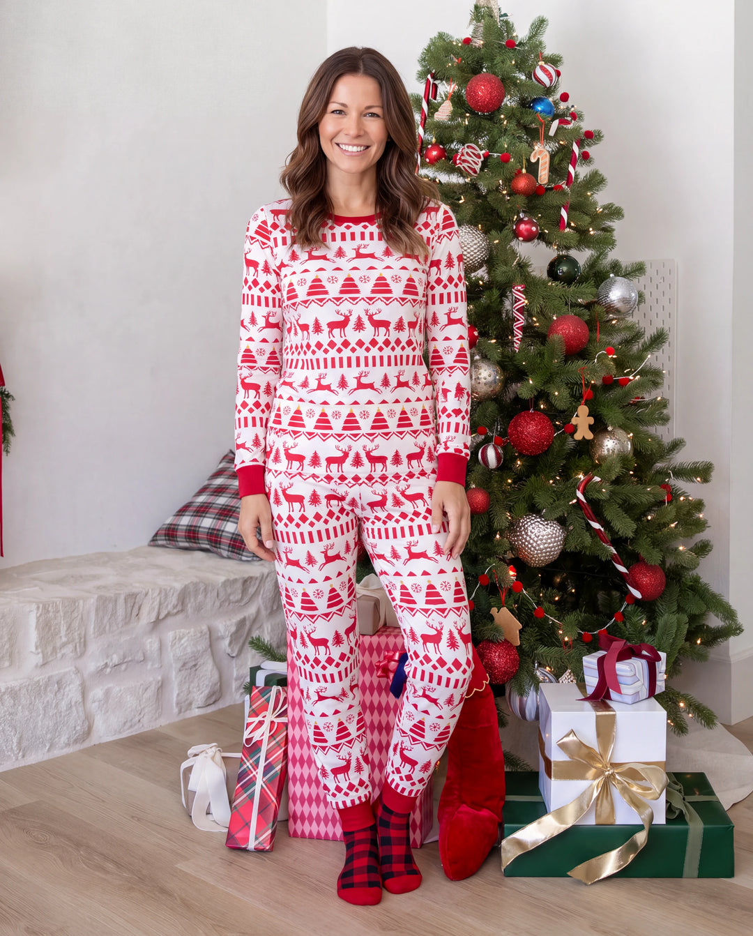 Christmas Matching Family Pajamas Fair Isle & Reindeer Print Red