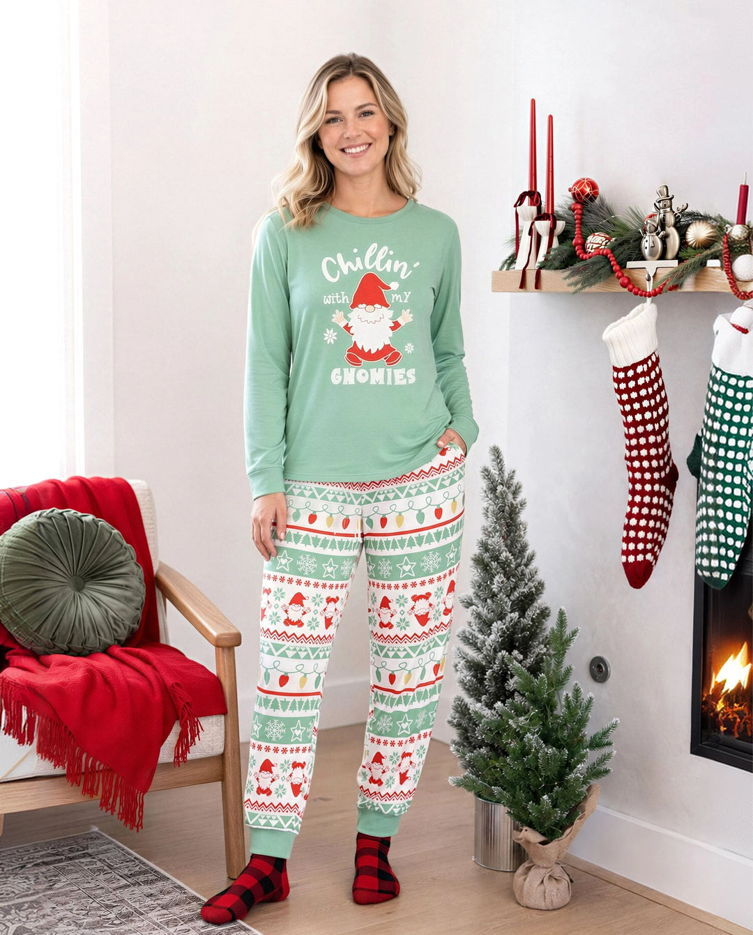 Christmas Matching Family Pajamas Glow In The Dark Santa Claus Print Light Green