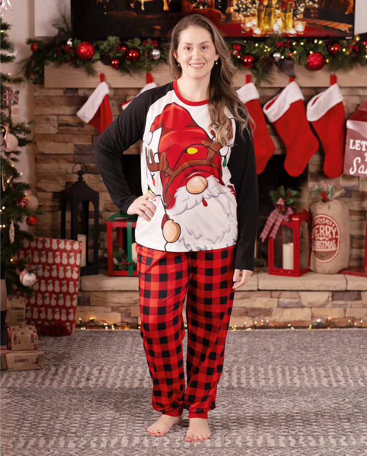 Pijama familiar navideño a juego con estampado de Papá Noel, mangas raglán y calcetines navideños (certificado SGS) en rojo