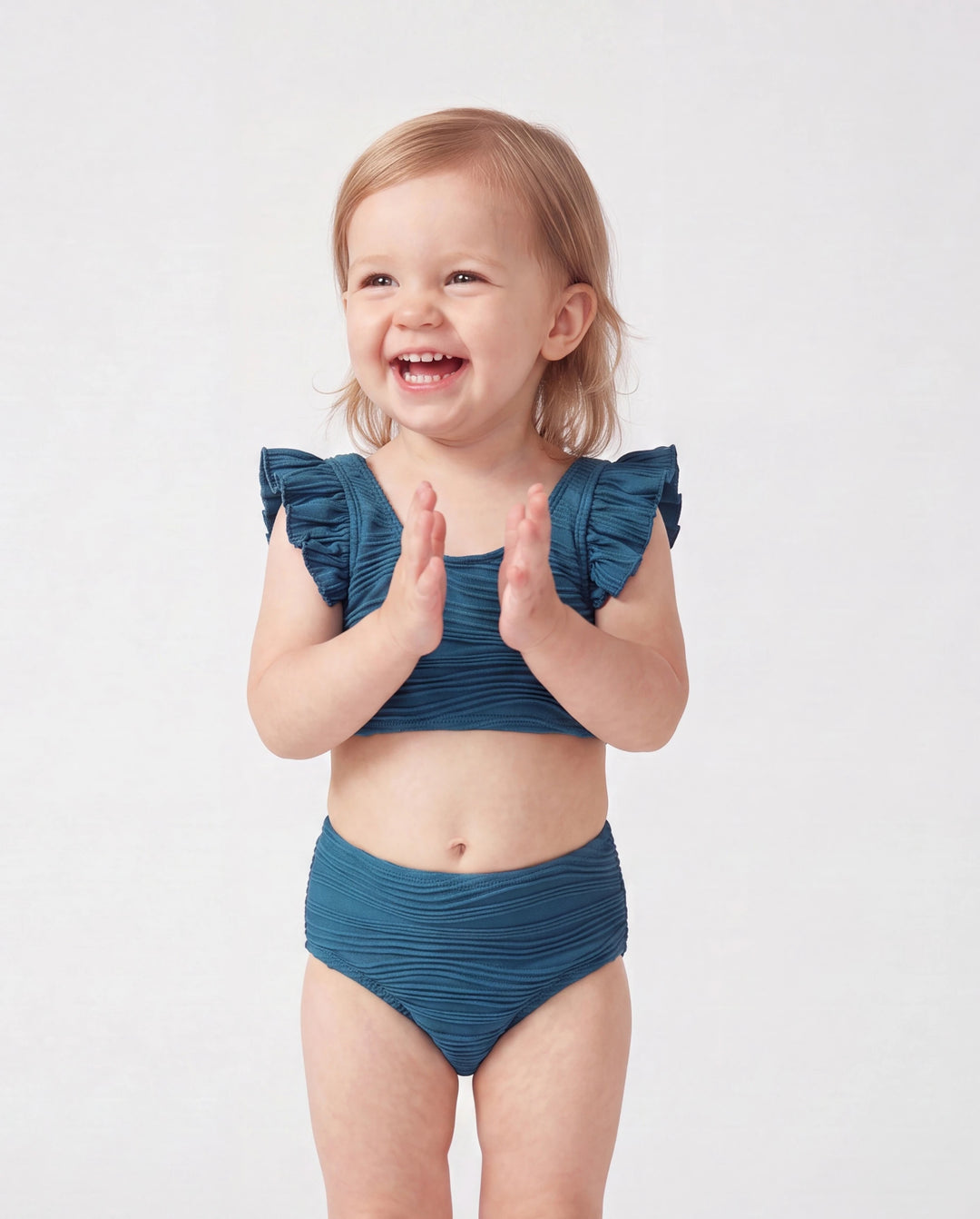 Bikini fruncido con rayas azul verdoso para niña pequeña Multicolor