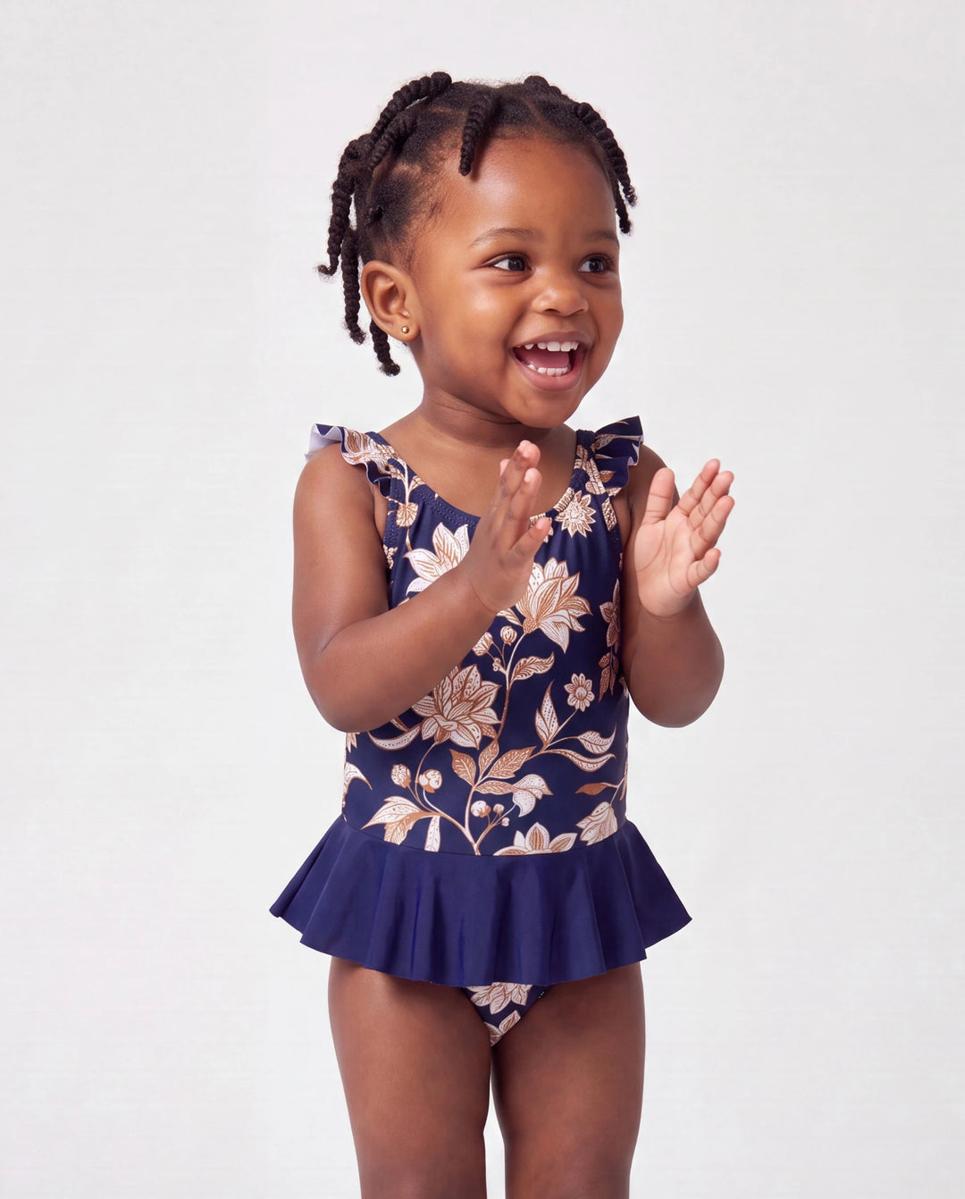 Bañadores con estampado floral para niña pequeña 2 en 1 de una pieza Azul profundo