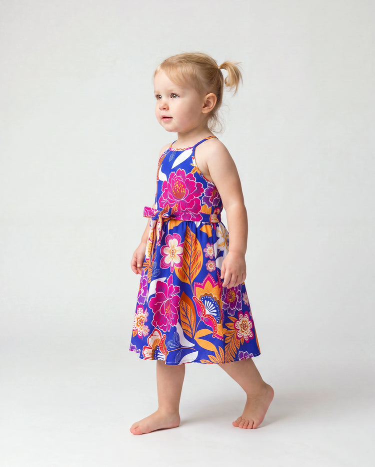 Tenues hawaïennes pour fille tout-petit/enfant, imprimé floral tropical, robe à bretelles ceinturée, ensemble vêtements de vacances d'été pour la plage, marine