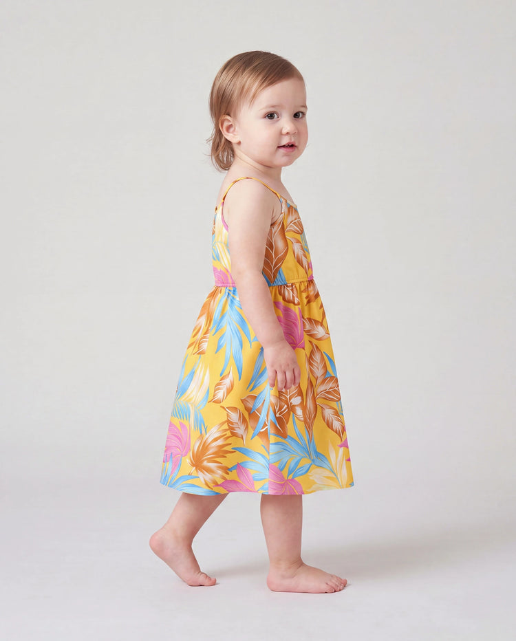 Toddler/Kid Girl Yellow Set Tropical Leaf Print Strap Dress  Yellow